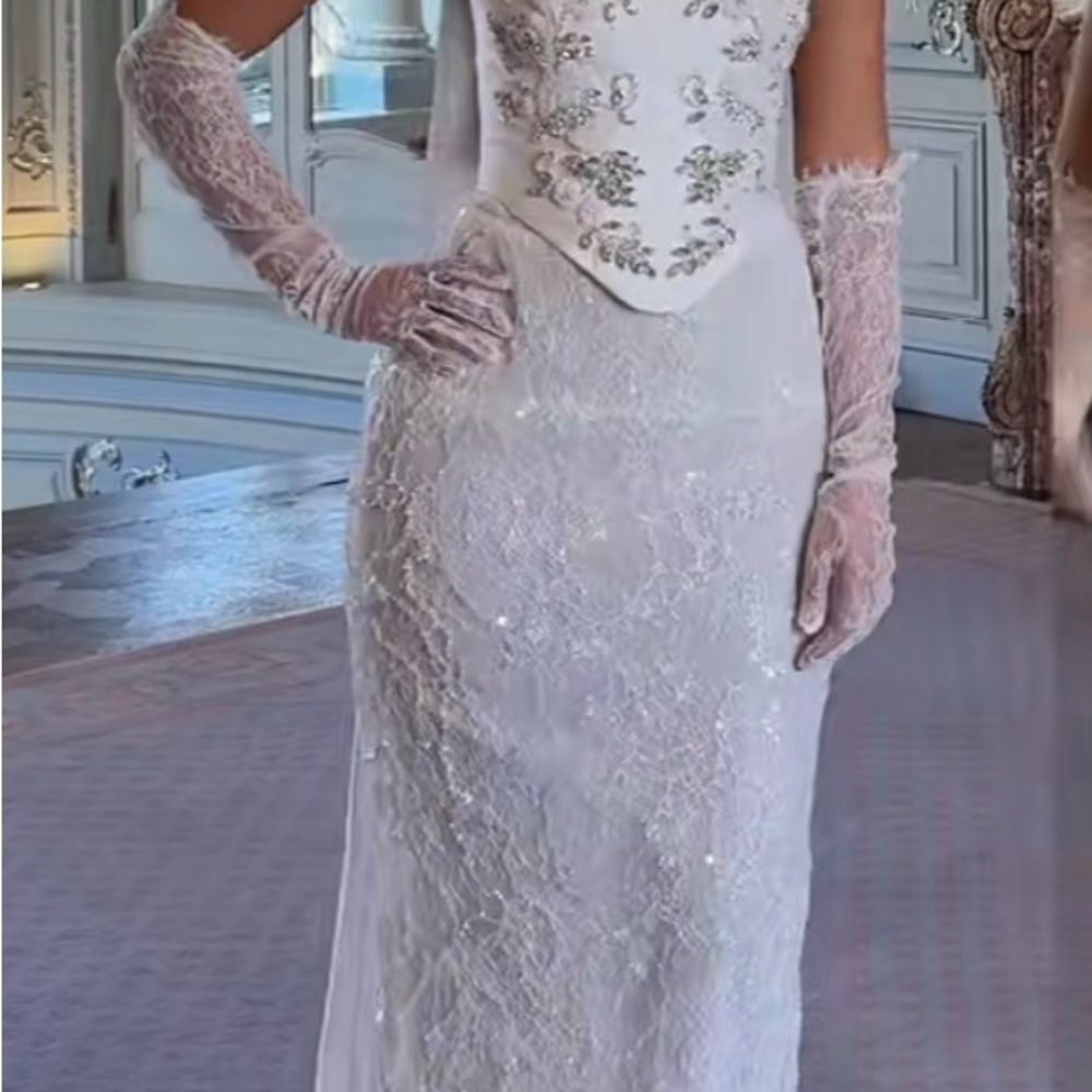 Strapless White Lace Dress with Embellishments - Picture 2 of 2